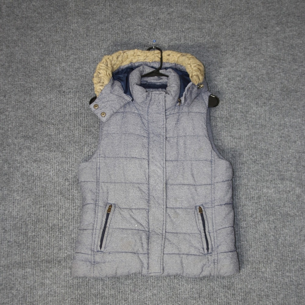 Banana Republic Puffer Vest Womens S Blue‎ Quilted Hooded Sherpa Lined Outerwear